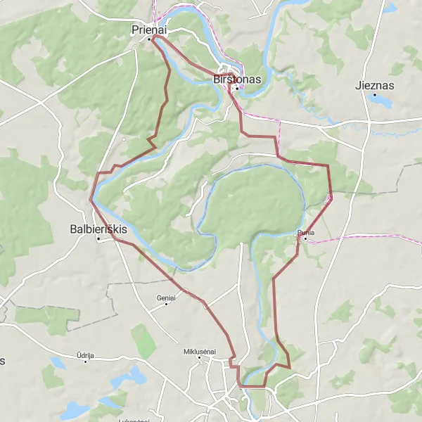 Map miniature of "Scenic Gravel Ride to Balbieriškis Viewpoint" cycling inspiration in Vidurio ir vakarų Lietuvos regionas, Lithuania. Generated by Tarmacs.app cycling route planner