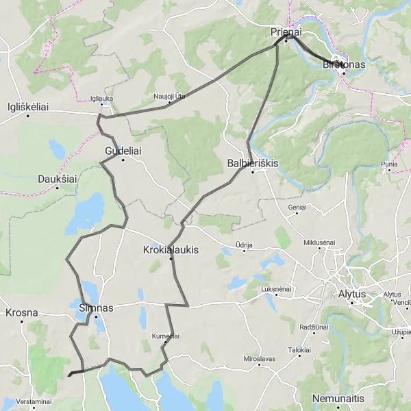 Map miniature of "Scenic Road Cycling Tour: Birštonas-Stebuliai-Žuvinto Reservoir" cycling inspiration in Vidurio ir vakarų Lietuvos regionas, Lithuania. Generated by Tarmacs.app cycling route planner