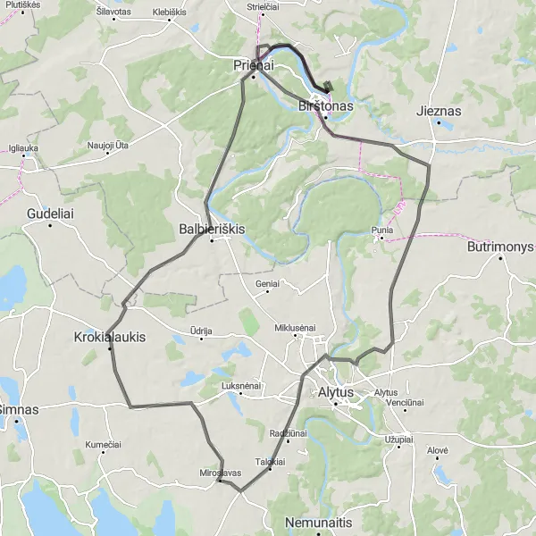 Map miniature of "Scenic Road Cycling Adventure: Birštonas-Prienai Route" cycling inspiration in Vidurio ir vakarų Lietuvos regionas, Lithuania. Generated by Tarmacs.app cycling route planner