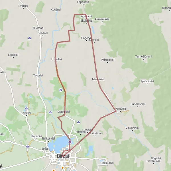 Map miniature of "Širvėnos Gravel Loop" cycling inspiration in Vidurio ir vakarų Lietuvos regionas, Lithuania. Generated by Tarmacs.app cycling route planner