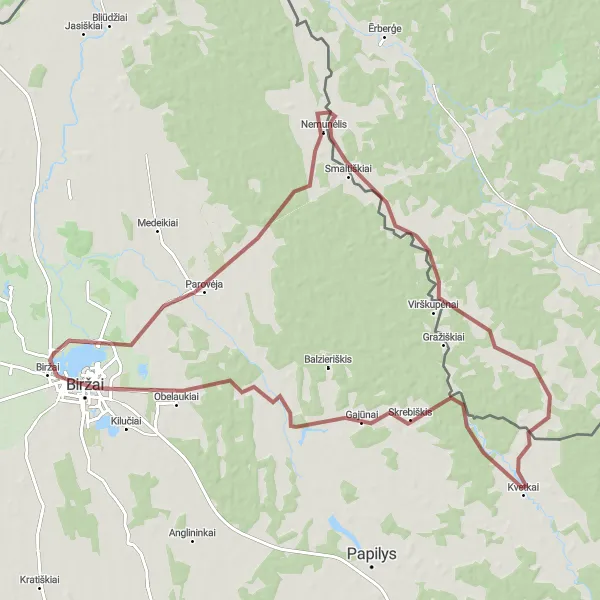 Map miniature of "Gravel Adventure - Lakes and Forests" cycling inspiration in Vidurio ir vakarų Lietuvos regionas, Lithuania. Generated by Tarmacs.app cycling route planner