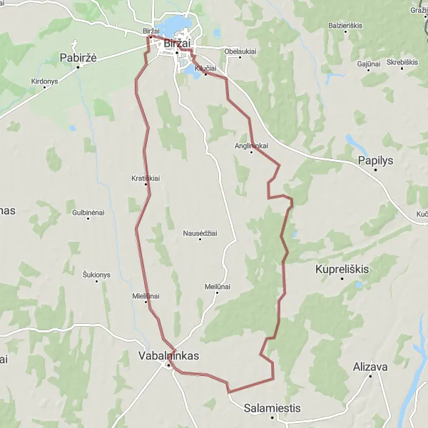 Map miniature of "Birzai Gravel Adventure" cycling inspiration in Vidurio ir vakarų Lietuvos regionas, Lithuania. Generated by Tarmacs.app cycling route planner