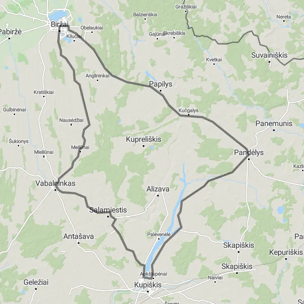 Map miniature of "Birzai Beer Tour" cycling inspiration in Vidurio ir vakarų Lietuvos regionas, Lithuania. Generated by Tarmacs.app cycling route planner