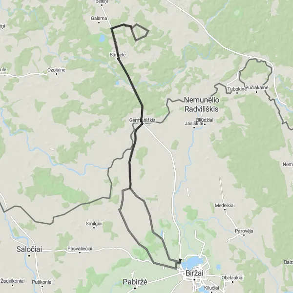 Map miniature of "Birzai Rinkuskiai Loop" cycling inspiration in Vidurio ir vakarų Lietuvos regionas, Lithuania. Generated by Tarmacs.app cycling route planner