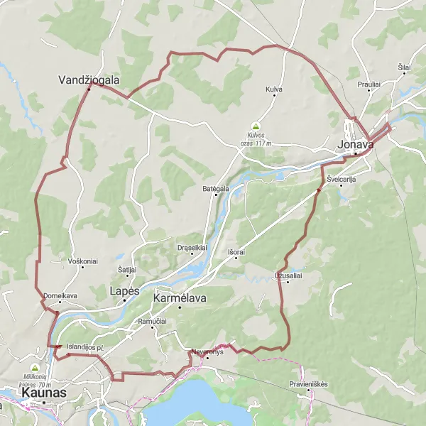 Map miniature of "The Gravel Challenge" cycling inspiration in Vidurio ir vakarų Lietuvos regionas, Lithuania. Generated by Tarmacs.app cycling route planner
