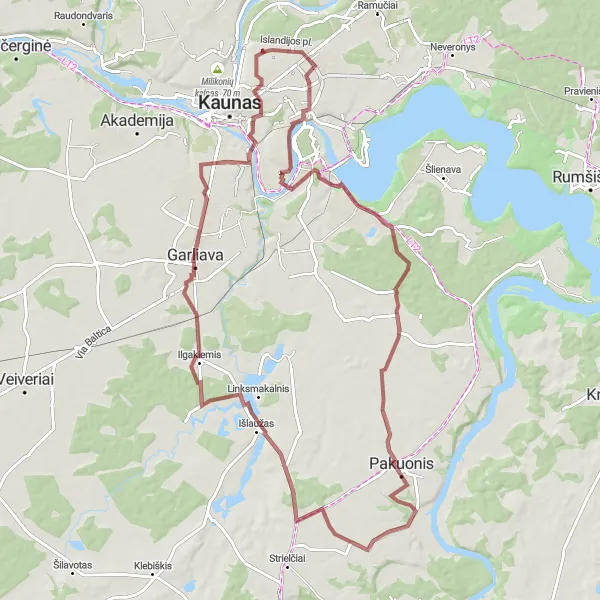 Map miniature of "Countryside Gravel Exploration" cycling inspiration in Vidurio ir vakarų Lietuvos regionas, Lithuania. Generated by Tarmacs.app cycling route planner