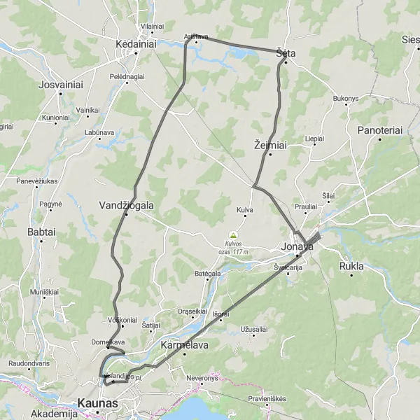 Map miniature of "Scenic Road Journey" cycling inspiration in Vidurio ir vakarų Lietuvos regionas, Lithuania. Generated by Tarmacs.app cycling route planner