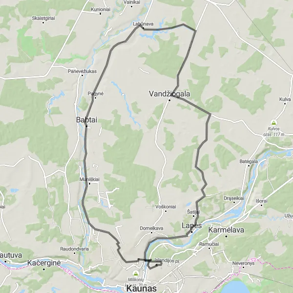 Map miniature of "Countryside Exploration" cycling inspiration in Vidurio ir vakarų Lietuvos regionas, Lithuania. Generated by Tarmacs.app cycling route planner