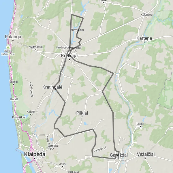 Map miniature of "Radailiai Scenic Road Loop" cycling inspiration in Vidurio ir vakarų Lietuvos regionas, Lithuania. Generated by Tarmacs.app cycling route planner