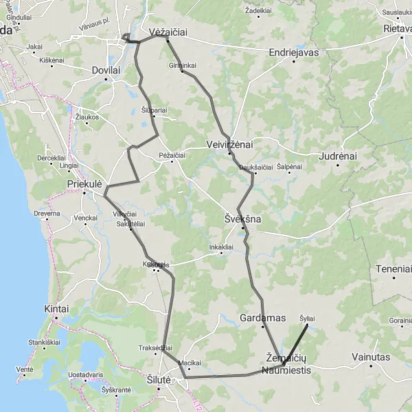 Map miniature of "Gargždai Ring Road Cycling Tour" cycling inspiration in Vidurio ir vakarų Lietuvos regionas, Lithuania. Generated by Tarmacs.app cycling route planner