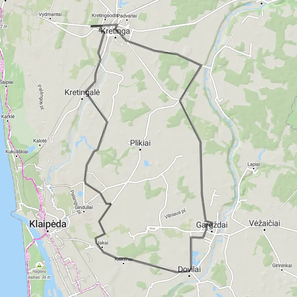 Map miniature of "Road cycling tour to Gargždai" cycling inspiration in Vidurio ir vakarų Lietuvos regionas, Lithuania. Generated by Tarmacs.app cycling route planner