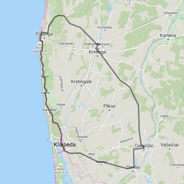 Map miniature of "Jono kalnelis Road Cycling Tour" cycling inspiration in Vidurio ir vakarų Lietuvos regionas, Lithuania. Generated by Tarmacs.app cycling route planner