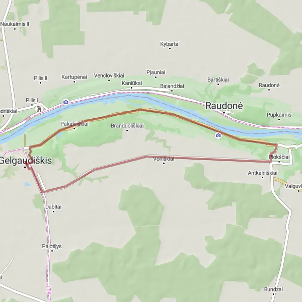 Map miniature of "Short Gravel Ride to Raudonė" cycling inspiration in Vidurio ir vakarų Lietuvos regionas, Lithuania. Generated by Tarmacs.app cycling route planner