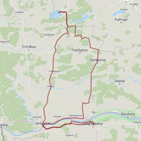 Map miniature of "Gravel Adventure around Gelgaudiškis" cycling inspiration in Vidurio ir vakarų Lietuvos regionas, Lithuania. Generated by Tarmacs.app cycling route planner