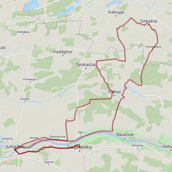 Map miniature of "Panemunė Escape" cycling inspiration in Vidurio ir vakarų Lietuvos regionas, Lithuania. Generated by Tarmacs.app cycling route planner