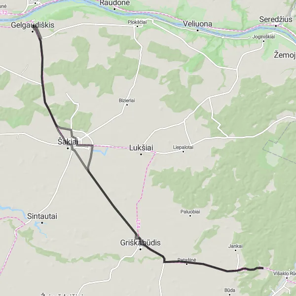 Map miniature of "Tranquil Ride to Šakiai" cycling inspiration in Vidurio ir vakarų Lietuvos regionas, Lithuania. Generated by Tarmacs.app cycling route planner