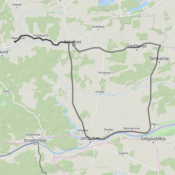 Map miniature of "Jurbarkas Adventure" cycling inspiration in Vidurio ir vakarų Lietuvos regionas, Lithuania. Generated by Tarmacs.app cycling route planner