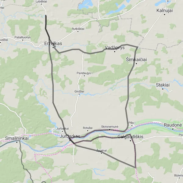 Map miniature of "Eržvilkas Exploration" cycling inspiration in Vidurio ir vakarų Lietuvos regionas, Lithuania. Generated by Tarmacs.app cycling route planner