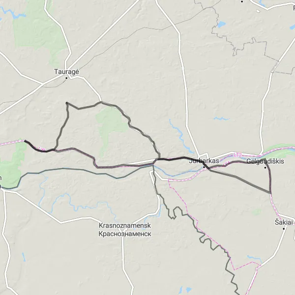 Map miniature of "Gelgaudiškis and Surroundings" cycling inspiration in Vidurio ir vakarų Lietuvos regionas, Lithuania. Generated by Tarmacs.app cycling route planner