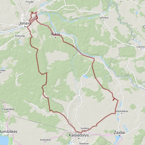 Map miniature of "Exploring Vilionys and Dumsiai on Gravel" cycling inspiration in Vidurio ir vakarų Lietuvos regionas, Lithuania. Generated by Tarmacs.app cycling route planner