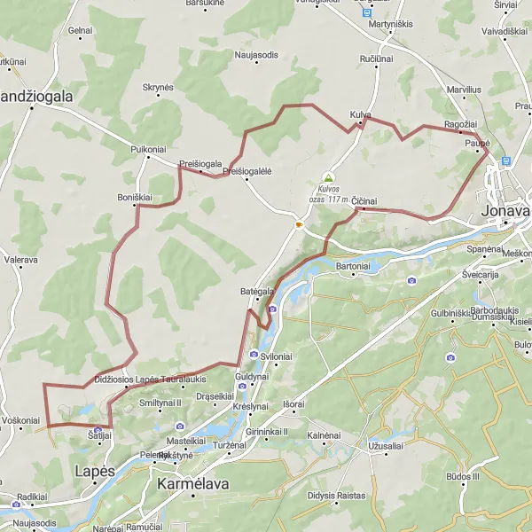 Map miniature of "Jonava to Didžiosios Lapės Loop" cycling inspiration in Vidurio ir vakarų Lietuvos regionas, Lithuania. Generated by Tarmacs.app cycling route planner