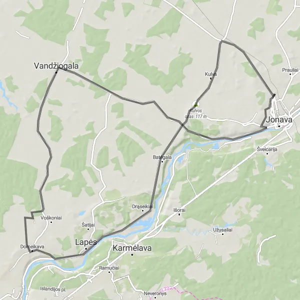 Map miniature of "Jonava to Kulvos Ozas Loop" cycling inspiration in Vidurio ir vakarų Lietuvos regionas, Lithuania. Generated by Tarmacs.app cycling route planner