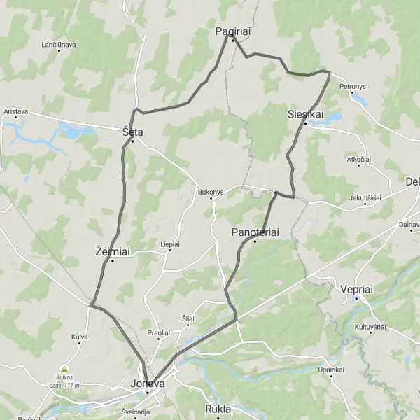 Map miniature of "Road Cycling Adventure near Jonava" cycling inspiration in Vidurio ir vakarų Lietuvos regionas, Lithuania. Generated by Tarmacs.app cycling route planner