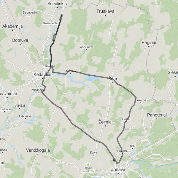 Map miniature of "The Majestic Cycling Route" cycling inspiration in Vidurio ir vakarų Lietuvos regionas, Lithuania. Generated by Tarmacs.app cycling route planner