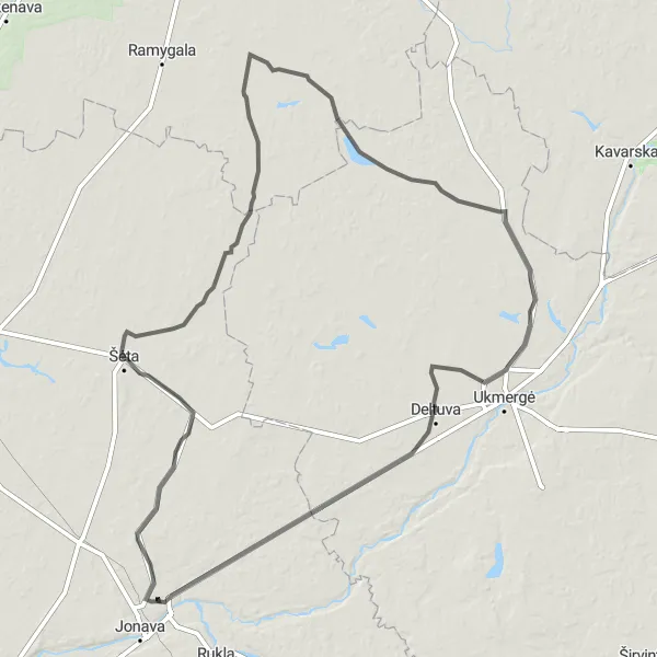 Map miniature of "Jonava to Liepiai Loop" cycling inspiration in Vidurio ir vakarų Lietuvos regionas, Lithuania. Generated by Tarmacs.app cycling route planner