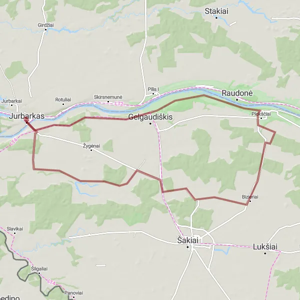 Map miniature of "Gravel Route: Gelgaudiškis Loop" cycling inspiration in Vidurio ir vakarų Lietuvos regionas, Lithuania. Generated by Tarmacs.app cycling route planner