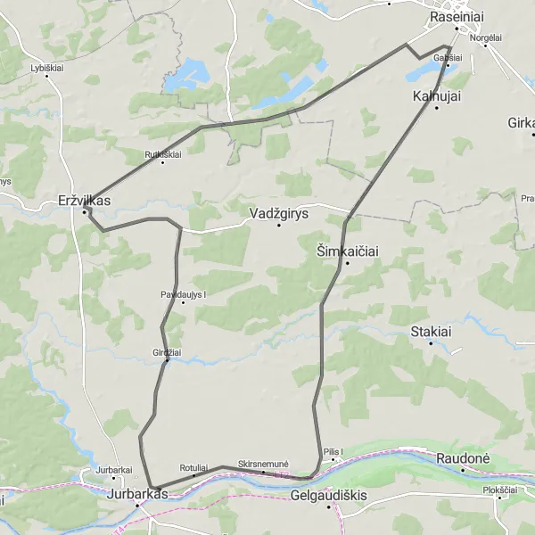 Map miniature of "Road Cycling through Jurbarkas to Skirsnemunė" cycling inspiration in Vidurio ir vakarų Lietuvos regionas, Lithuania. Generated by Tarmacs.app cycling route planner