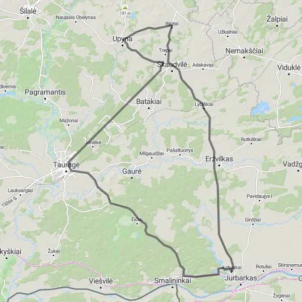 Map miniature of "Road Route: Tauragė Adventure" cycling inspiration in Vidurio ir vakarų Lietuvos regionas, Lithuania. Generated by Tarmacs.app cycling route planner