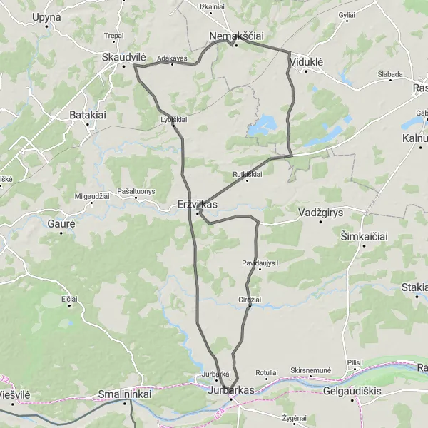 Map miniature of "Historical Villages and River Views" cycling inspiration in Vidurio ir vakarų Lietuvos regionas, Lithuania. Generated by Tarmacs.app cycling route planner