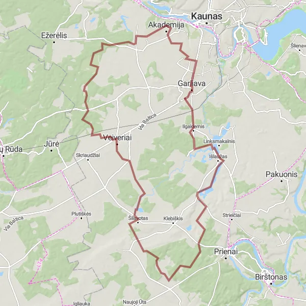 Map miniature of "Gravel Adventure: Garliava to Skersabalis" cycling inspiration in Vidurio ir vakarų Lietuvos regionas, Lithuania. Generated by Tarmacs.app cycling route planner