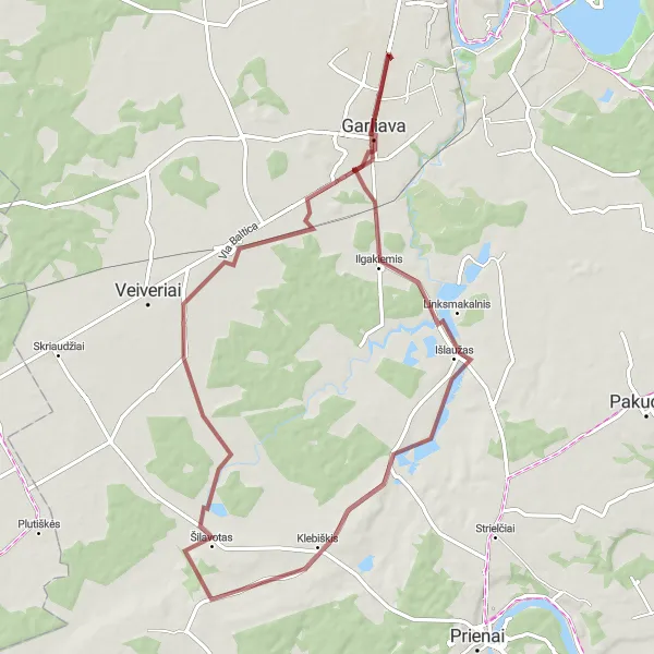 Map miniature of "Countryside Gravel Journey: Išlaužas to Mauručiai" cycling inspiration in Vidurio ir vakarų Lietuvos regionas, Lithuania. Generated by Tarmacs.app cycling route planner