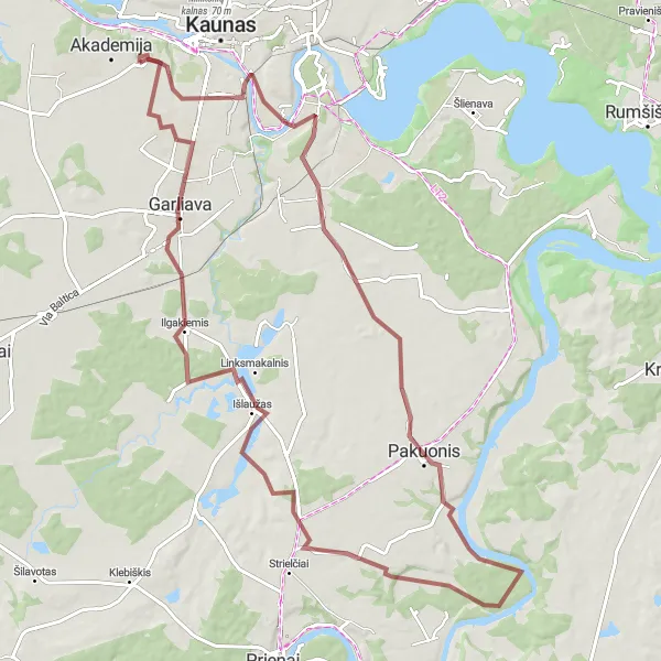 Map miniature of "Scenic Gravel Tour: Kalnelis to Marvelė" cycling inspiration in Vidurio ir vakarų Lietuvos regionas, Lithuania. Generated by Tarmacs.app cycling route planner