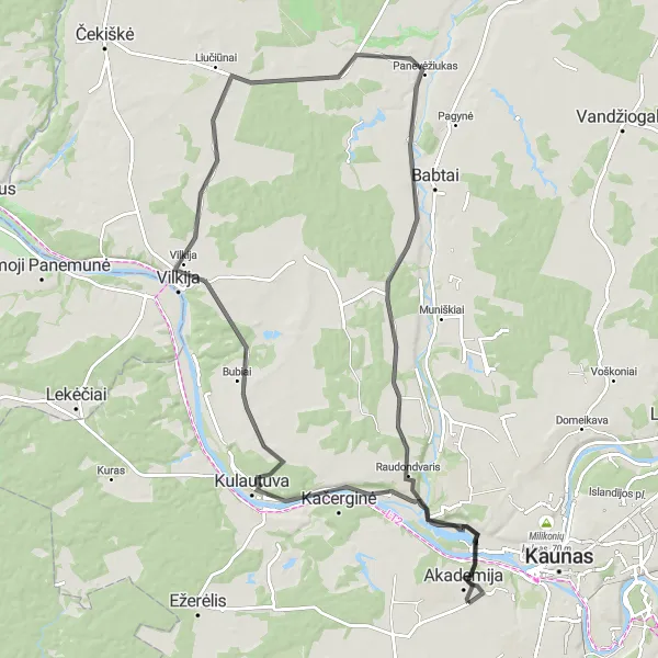 Map miniature of "The Castle Hills and Countryside" cycling inspiration in Vidurio ir vakarų Lietuvos regionas, Lithuania. Generated by Tarmacs.app cycling route planner