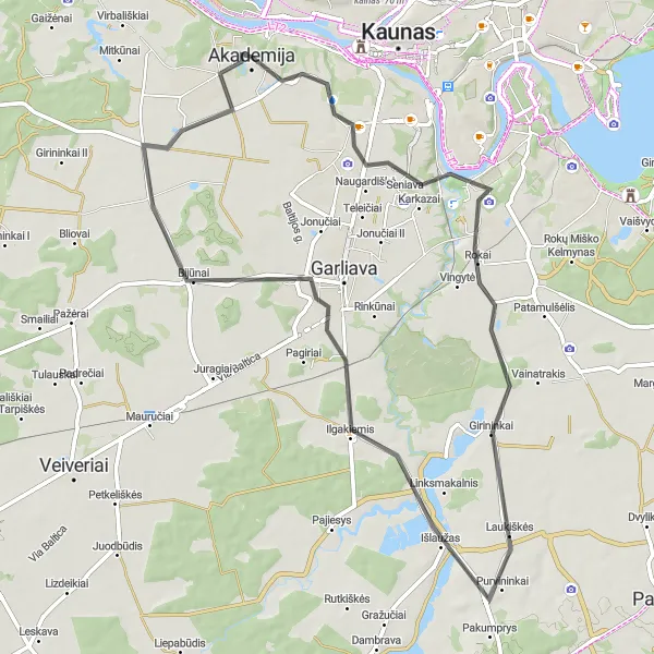 Map miniature of "Noreikiškės Loop" cycling inspiration in Vidurio ir vakarų Lietuvos regionas, Lithuania. Generated by Tarmacs.app cycling route planner
