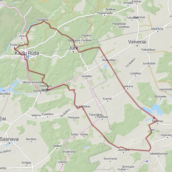 Map miniature of "Gravel Adventure to Naujasodis" cycling inspiration in Vidurio ir vakarų Lietuvos regionas, Lithuania. Generated by Tarmacs.app cycling route planner