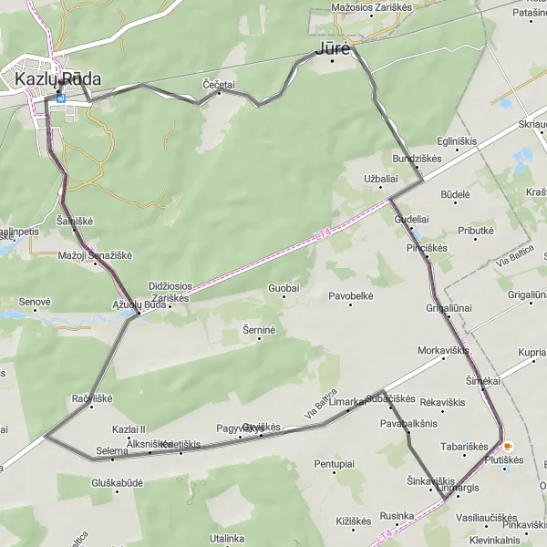 Map miniature of "Kazlų Rūda Loop" cycling inspiration in Vidurio ir vakarų Lietuvos regionas, Lithuania. Generated by Tarmacs.app cycling route planner