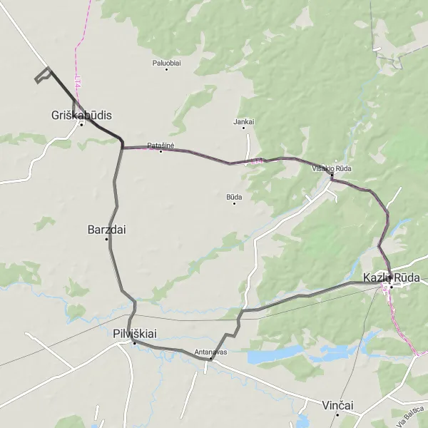 Map miniature of "Road Tour near Kazlų Rūda" cycling inspiration in Vidurio ir vakarų Lietuvos regionas, Lithuania. Generated by Tarmacs.app cycling route planner