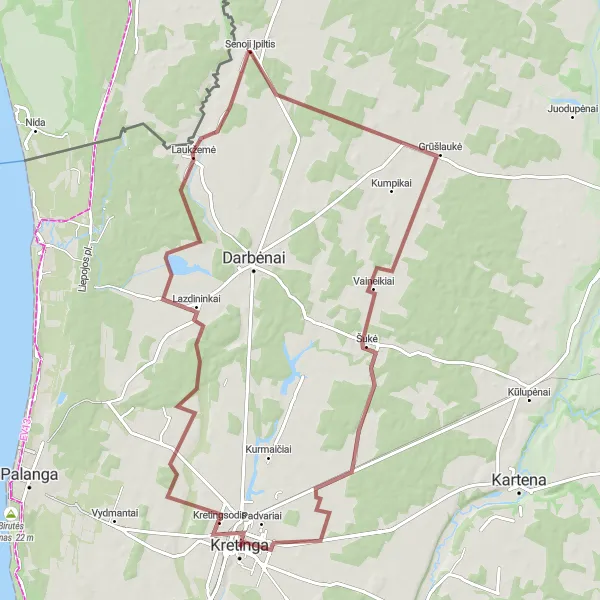 Map miniature of "Gravel Adventure near Kretinga" cycling inspiration in Vidurio ir vakarų Lietuvos regionas, Lithuania. Generated by Tarmacs.app cycling route planner