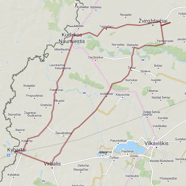 Map miniature of "Kybartai to Keturkaimis Gravel Ride" cycling inspiration in Vidurio ir vakarų Lietuvos regionas, Lithuania. Generated by Tarmacs.app cycling route planner