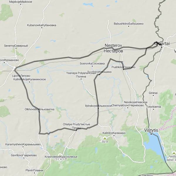 Map miniature of "Kybartai to Ilyinskoye Loop" cycling inspiration in Vidurio ir vakarų Lietuvos regionas, Lithuania. Generated by Tarmacs.app cycling route planner