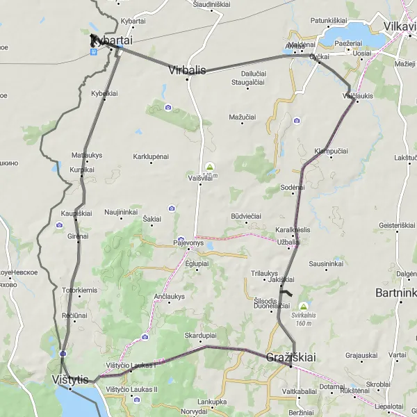 Map miniature of "Kybartai to Chernyshevskoye Loop" cycling inspiration in Vidurio ir vakarų Lietuvos regionas, Lithuania. Generated by Tarmacs.app cycling route planner