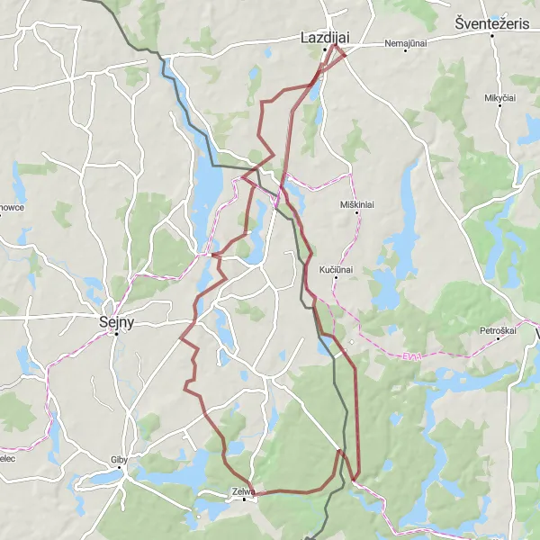 Map miniature of "Tarnauka Gravel Loop" cycling inspiration in Vidurio ir vakarų Lietuvos regionas, Lithuania. Generated by Tarmacs.app cycling route planner