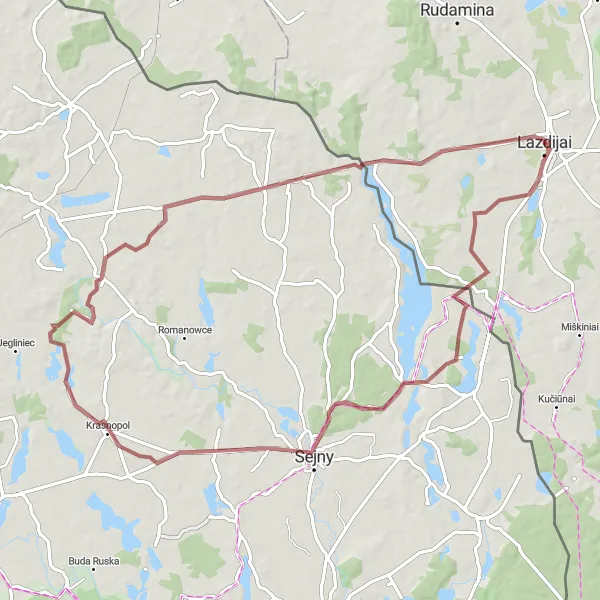 Map miniature of "Lazdijai Gravel Adventure" cycling inspiration in Vidurio ir vakarų Lietuvos regionas, Lithuania. Generated by Tarmacs.app cycling route planner