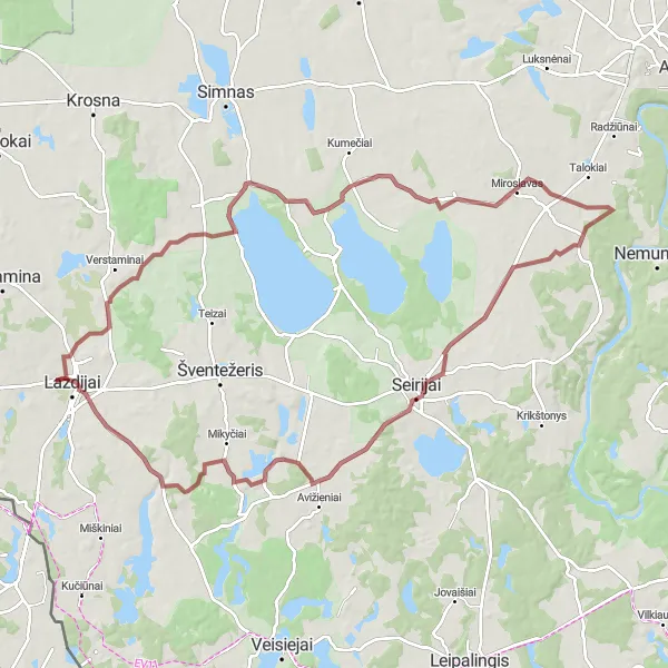 Map miniature of "Prelomčiškės piliakalnis to Nekrūnai Gravel Route" cycling inspiration in Vidurio ir vakarų Lietuvos regionas, Lithuania. Generated by Tarmacs.app cycling route planner