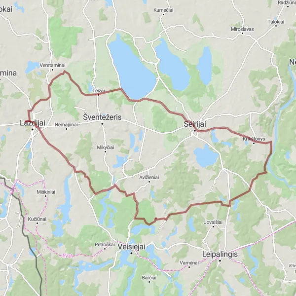 Map miniature of "Petravičiai to Nekrūnai Gravel Adventure" cycling inspiration in Vidurio ir vakarų Lietuvos regionas, Lithuania. Generated by Tarmacs.app cycling route planner