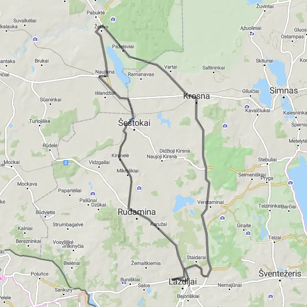 Map miniature of "Paželsviai Road Exploration" cycling inspiration in Vidurio ir vakarų Lietuvos regionas, Lithuania. Generated by Tarmacs.app cycling route planner